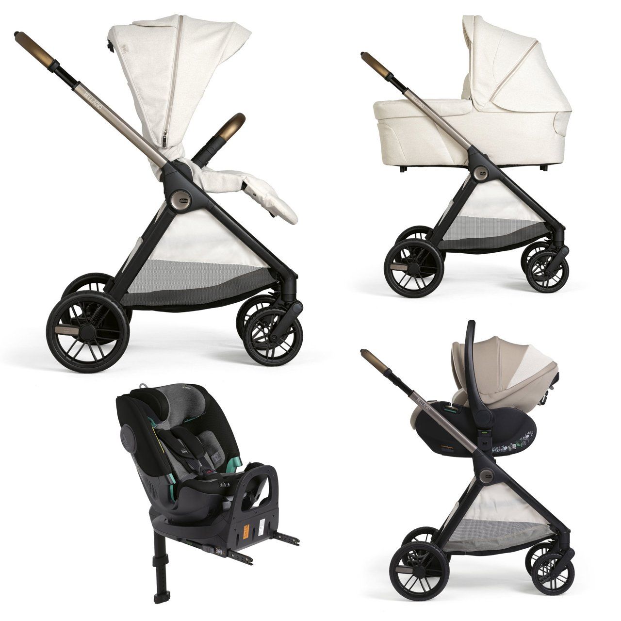 Volledige oplossing Bellagio - First-Seat Recline i-Size en FullSeat 360 met basis. AMBER GLOW - LUNAR ROCK - FIR TREE -  BLACK SATIN, Kleur: AMBER GLOW