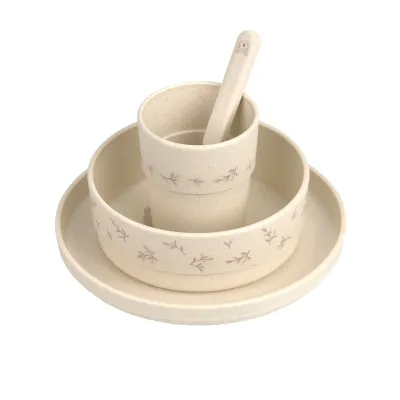 Kinderservies (bord - kom - beker - lepel), bladeren