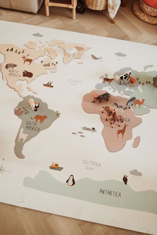 puzzelmat, opbergdoos en minihuisje - wereldkaart