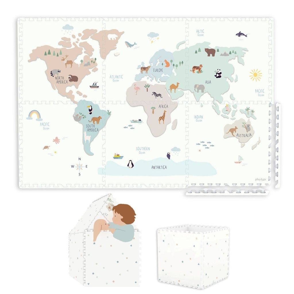puzzelmat, opbergdoos en minihuisje - wereldkaart