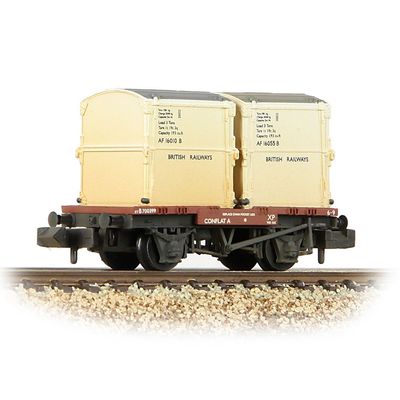 Graham Farish 377-340B Conflat Wagon BR Bauxite (Early) with 2 BR White AF Containers [W, WL] N Gauge