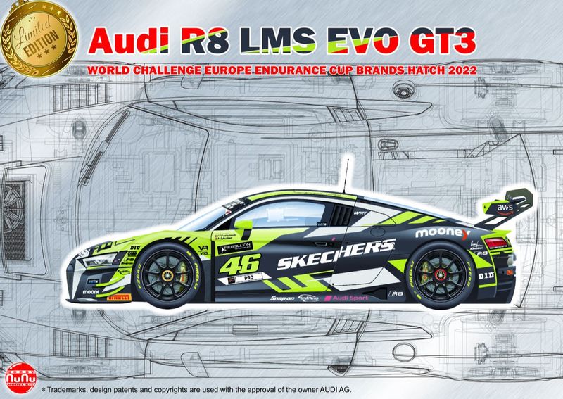 NuNu 24044 Valentino Rossi Audi R8 LMS EVO GT3 World Challenge Europe Endurance Cup 2022 1:24 Scale Plastic Model Kit