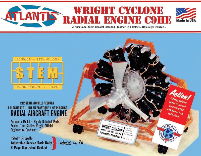 Atlantis AMCM6052 Wright Cyclone 9 Radial Engine  1:12 Scale Plastic Model Kit