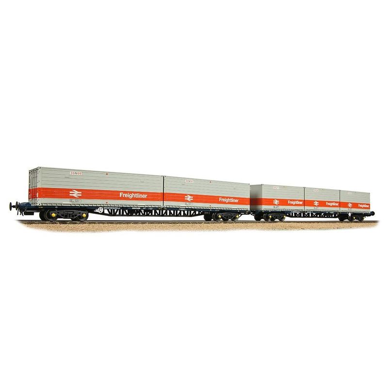 Bachmann 38-625A BR FGA Outer Flats 2-Pack BR Blue, 5 x Type L/N Freightliner Containers