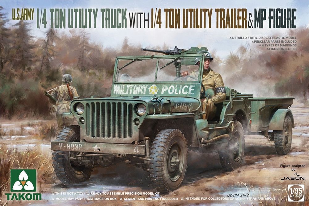 Takom No 02126 U.S. Army ¼ton Utility Truck with ¼ton Utility Trailer + MP Figure 1/35 Scale Plastic Model Kit