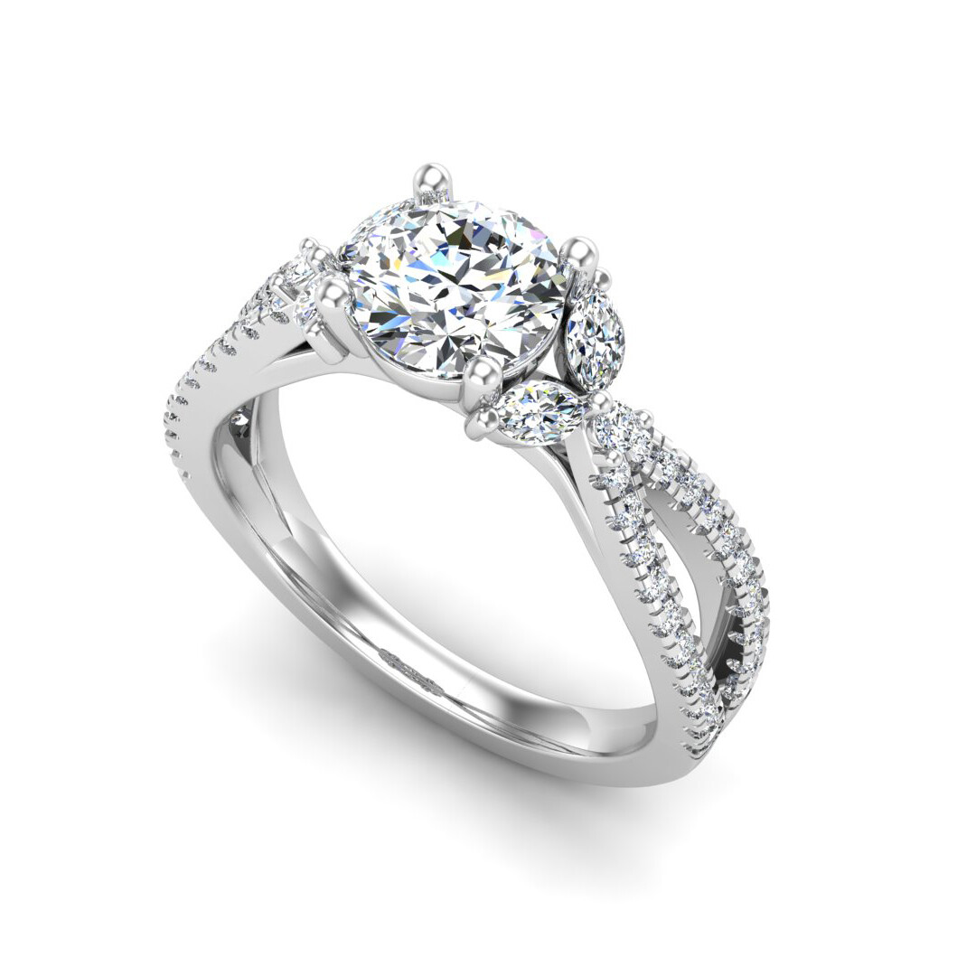 Scarlett Vintage Solitaire Crossover Style Pave Engagement Ring Setting with Floral Marquise Accents