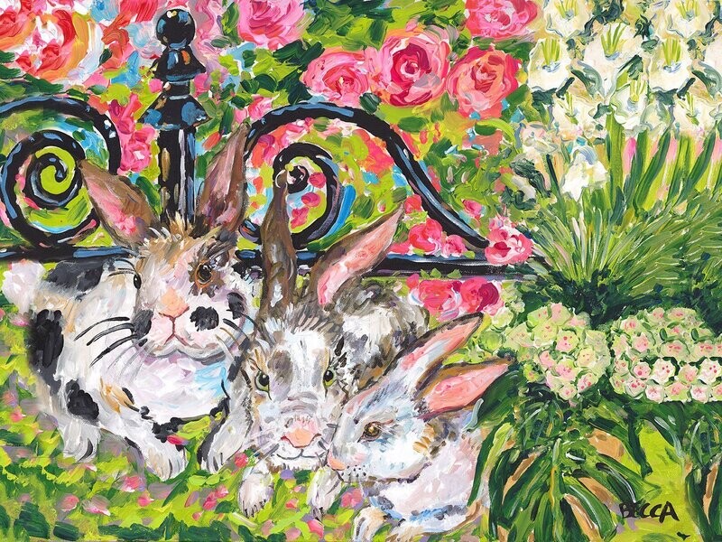 "3 Bunnies at Wrought Iron Gate" by Becca Speight