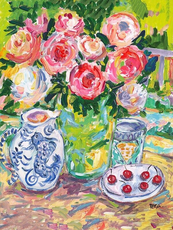 "Cherries and Blue Vase Floral" by Becca Speight