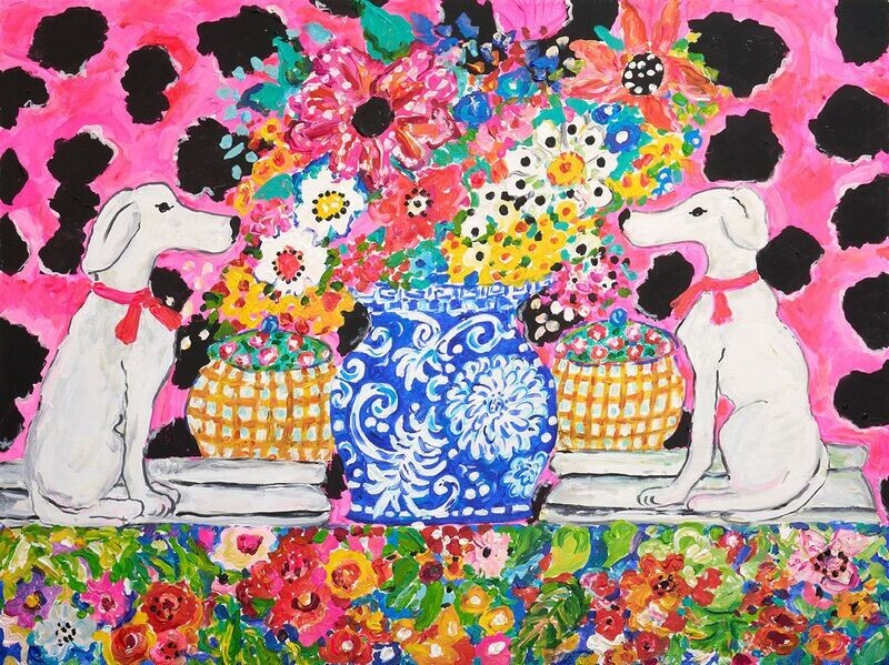 "Blue Vase Floral with Dogs" by Becca Speight