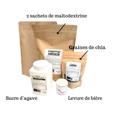 Ensemble de produits eggnergy pour réaliser une boisson avec de la maltodextrine pour booster l'énergie des athlètes selon la recette de Matthieu.