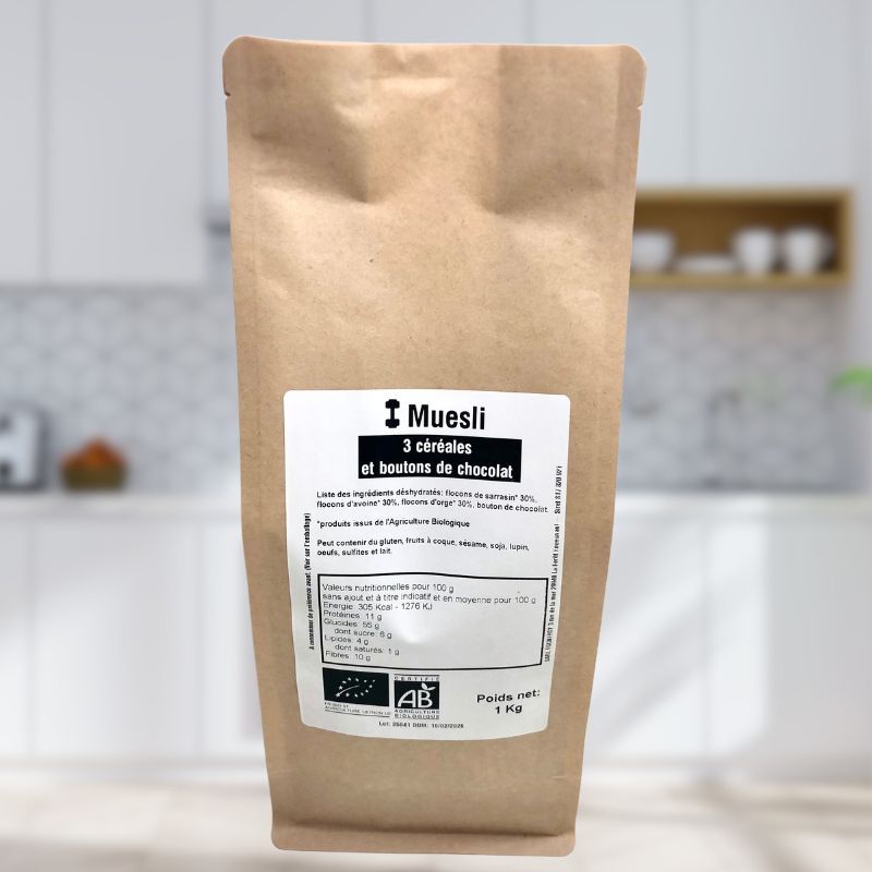 Muesli: mélange 3 flocons et chocolat - sachet de 1 Kg