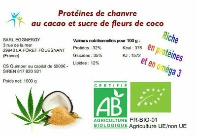 Chanvre: Protéine bio en poudre avec cacao et sucre de coco - 1 kg