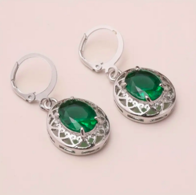 Earrings - Alloy Silver Plate Emerald