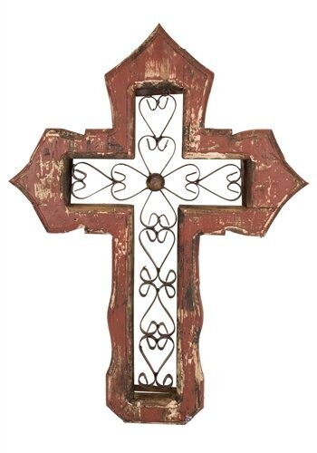 San Antonio Handmade Wall Scroll Cross-Rustic-18x26 Inches, Colors: Red
