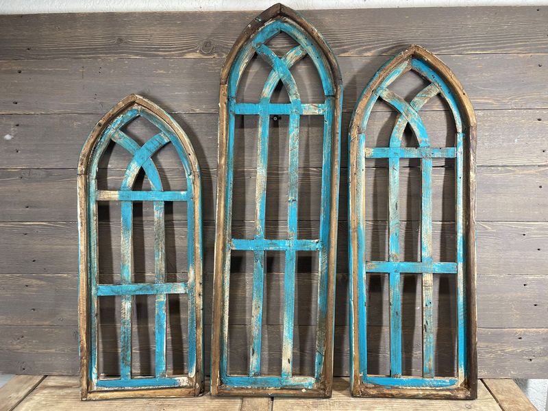 Cathedral Wall Decor Windows-Farmhouse-Set of 3-Turquoise