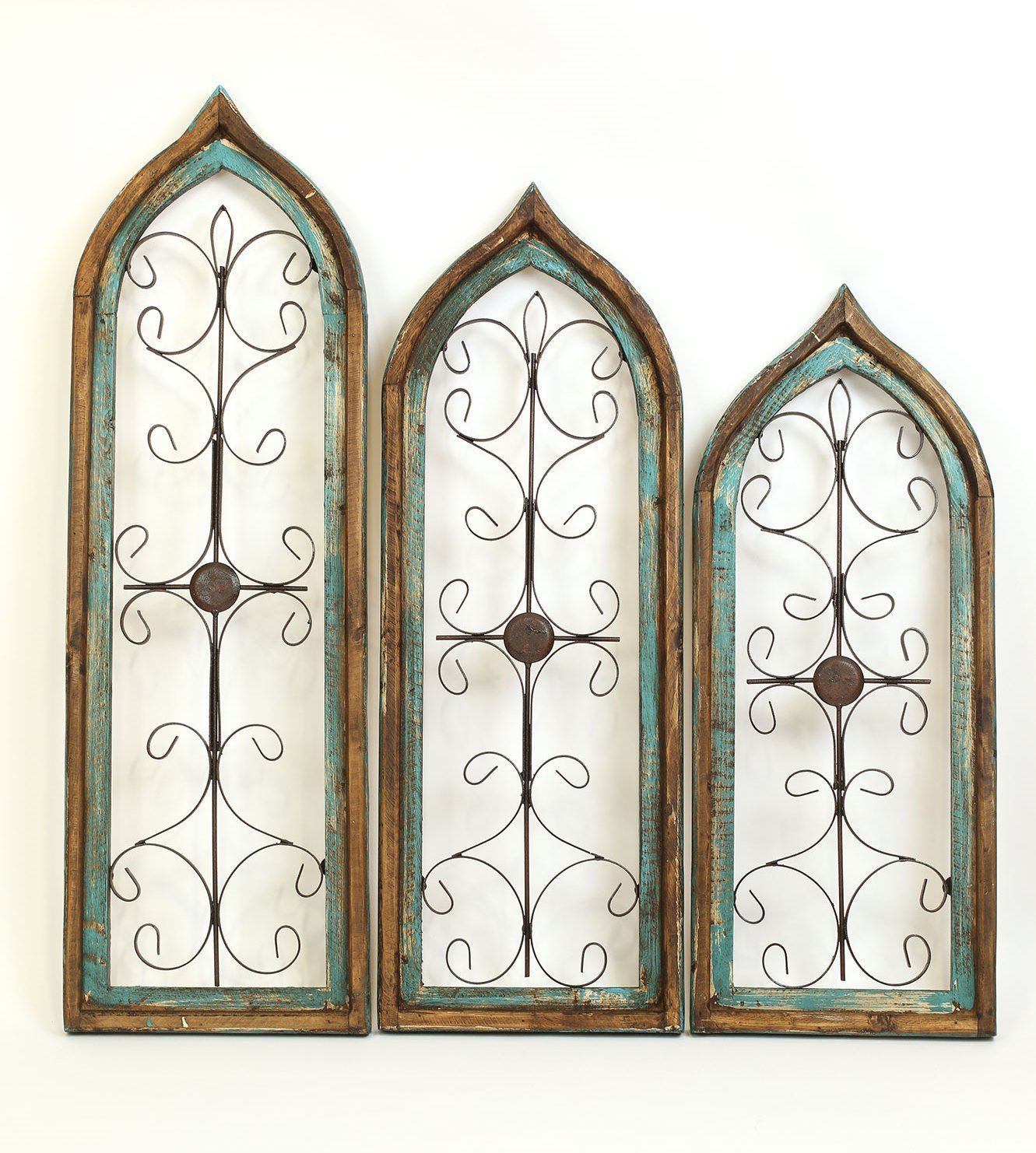 Gothic Windows-Wood and Iron-Primitive-Wall Decor-Set of 3-Turquoise