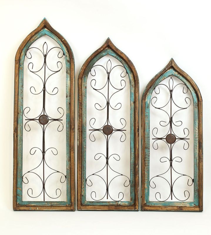Gothic Windows-Wood and Iron-Primitive-Wall Decor-Set of 3-Turquoise