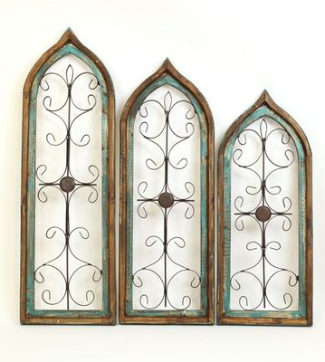 Gothic Windows-Wood and Iron-Primitive-Wall Decor-Set of 3-Turquoise