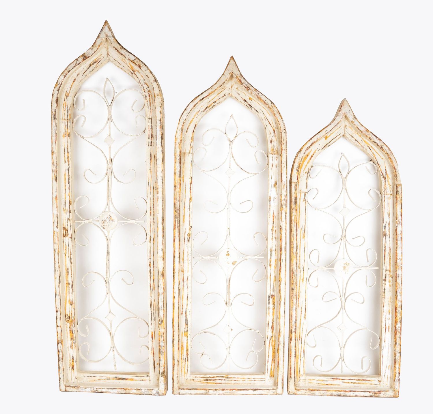 Gothic Windows-Wood and Iron-Primitive-Wall Decor-Set of 3-Shabby White