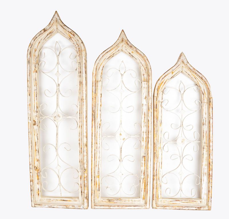 Gothic Windows-Wood and Iron-Primitive-Wall Decor-Set of 3-Shabby White