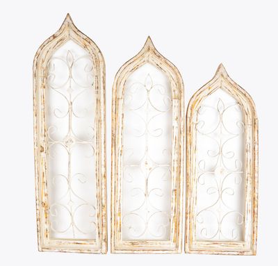 Gothic Windows-Wood and Iron-Primitive-Wall Decor-Set of 3-Shabby White