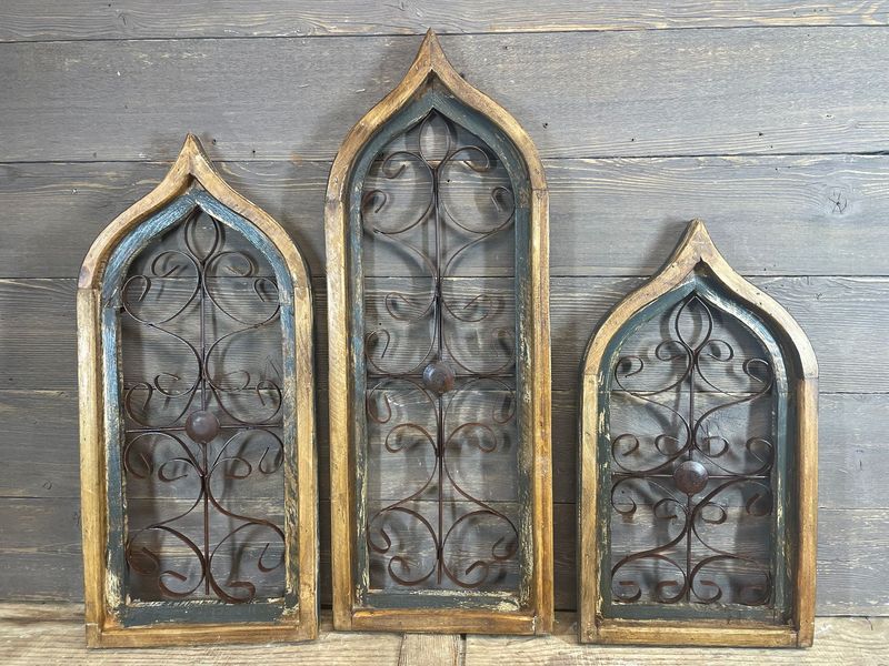 Gray Falls Windows-Primitive-Wall Decor-Wood and Iron-Set of 3-Gray Falls