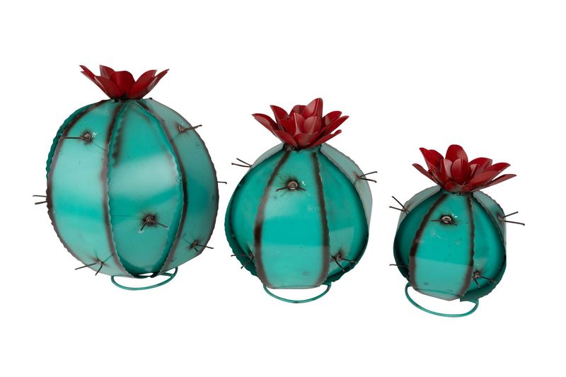 Barrel Metal Turquoise Cactus-Garden-Desert Decor-Handmade-Three Sizes-Barrel Cactus-Turquoise