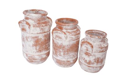 Farmhouse Clay Milk Can Set of 3-Rustic-Handmade-White Washed Farmhouse Clay Milk Can Set of 3-Rustic-Handmade-White Washed