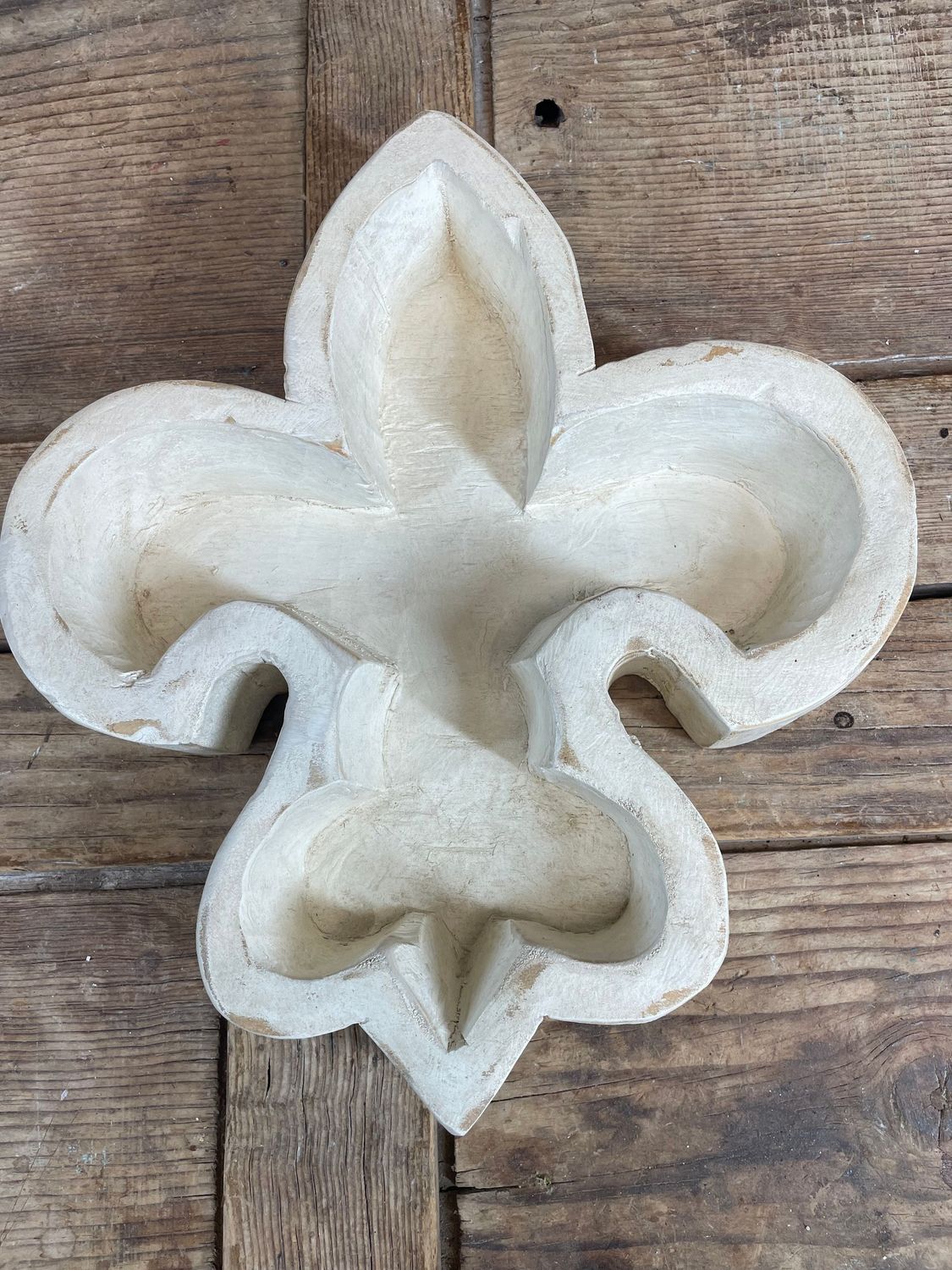 Fleur de Lis Dough Bowl-8 x 9 x 2 inches-Wood-Handmade-Candle Ready-Carved-NEW, Colors: Antiqued White