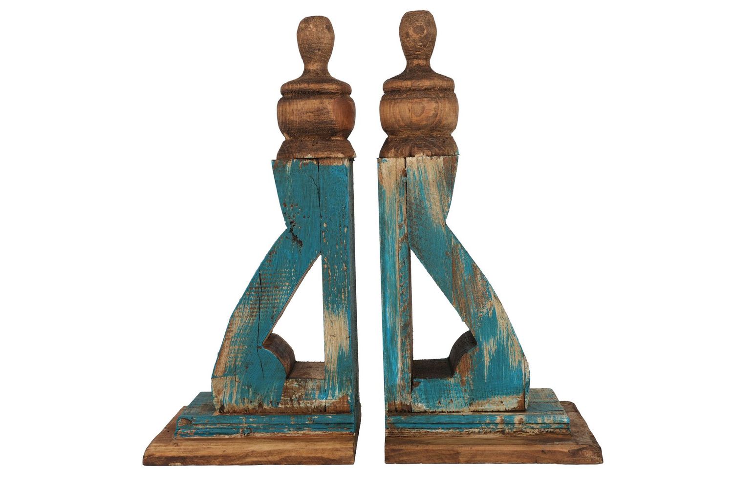 Sampson Farmhouse-Rustic-Wood Corbel-Bookends-5Wx6Dx14H inches-Turquoise