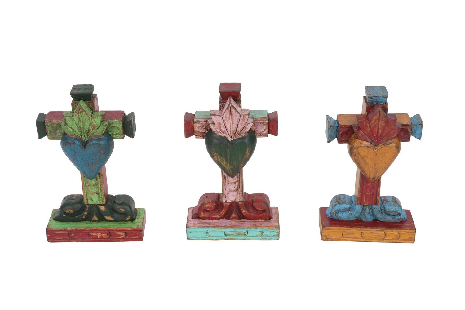 Hand Carved Folk Art Pedestal Sacred Heart Cross-5x2x8H-Assorted Colors-NEW