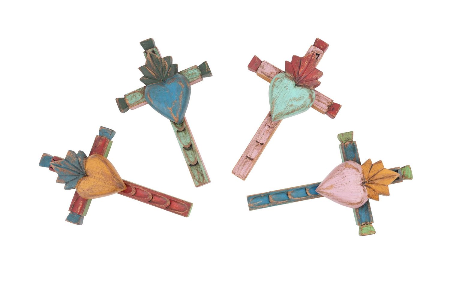 Hand Carved Folk Art Wall Sacred Heart Cross-6x8.5H-Assorted Colors-NEW