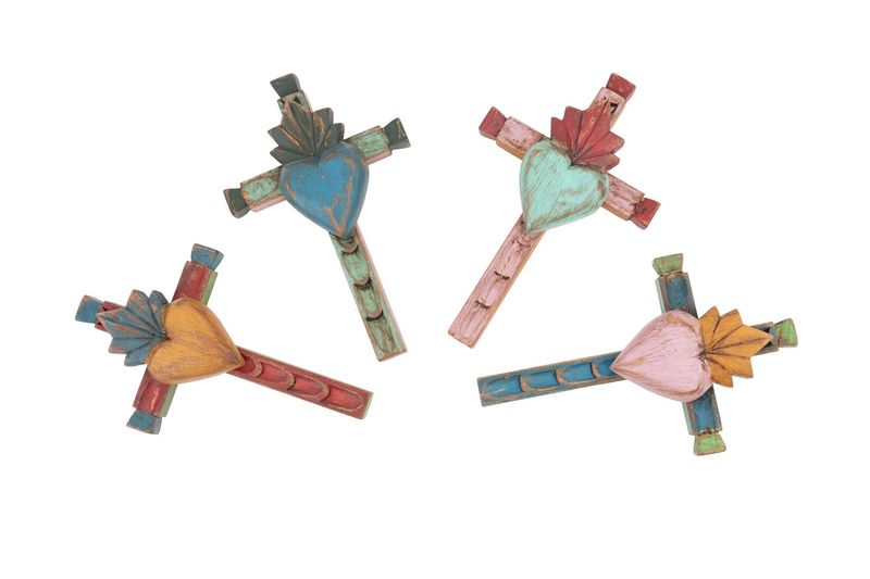 Hand Carved Folk Art Wall Sacred Heart Cross-6x8.5H-Assorted Colors-NEW