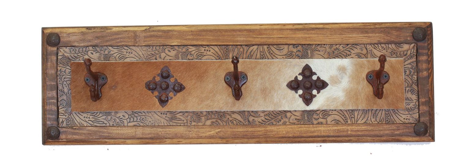 Big Ranch Hat Rack- Rustic -Wood-Western-Cowboy-Coat Rack-Cowhide-Leather-Tooled-26x8x4-Iron Medallions Big Ranch Hat Rack- Rustic -Wood-Western-Cowboy-Coat Rack-Cowhide-Leather-Tooled-26x8x4-Iron Medallions