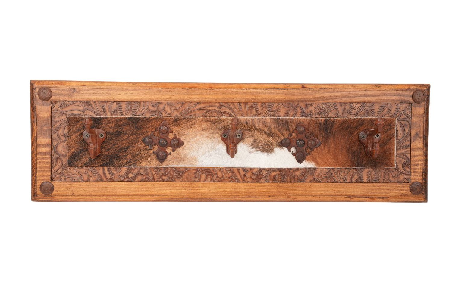Big Ranch Hat Rack- Rustic -Wood-Western-Cowboy-Coat Rack-Cowhide-Leather-Tooled-26x8x4-Iron Medallions