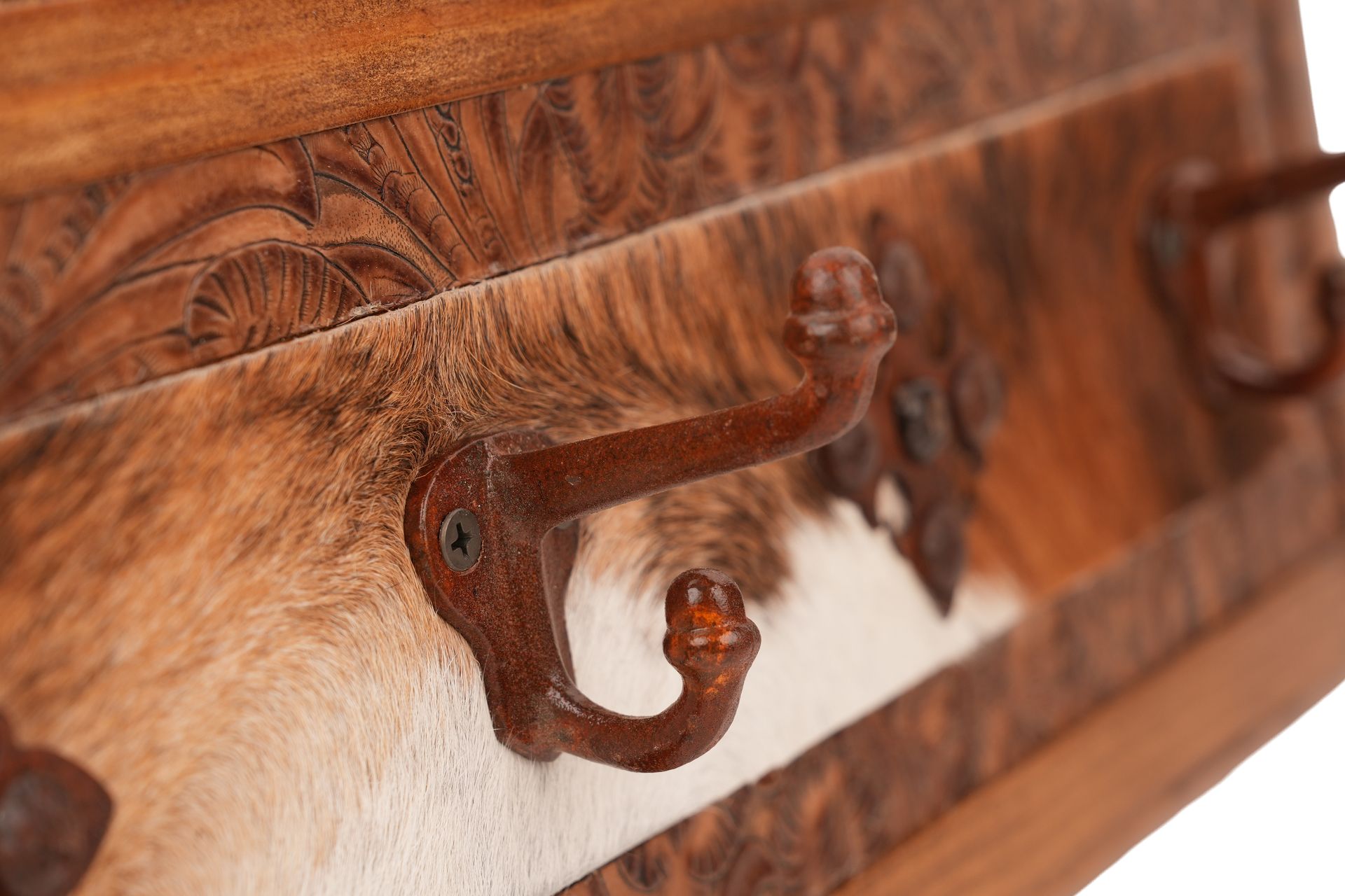 Big Ranch Hat Rack- Rustic -Wood-Western-Cowboy-Coat Rack-Cowhide-Leather-Tooled-26x8x4-Iron Medallions