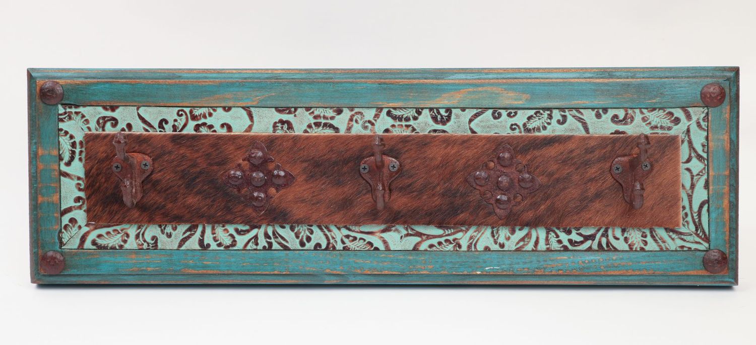 Turquoise Ranch Hat Rack- Rustic -Wood-Western-Cowboy-Coat Rack-Cowhide-Leather-Tooled-26x4x8H inches Turquoise Ranch Hat Rack- Rustic -Wood-Western-Cowboy-Coat Rack-Cowhide-Leather-Tooled-26x4x8H inches