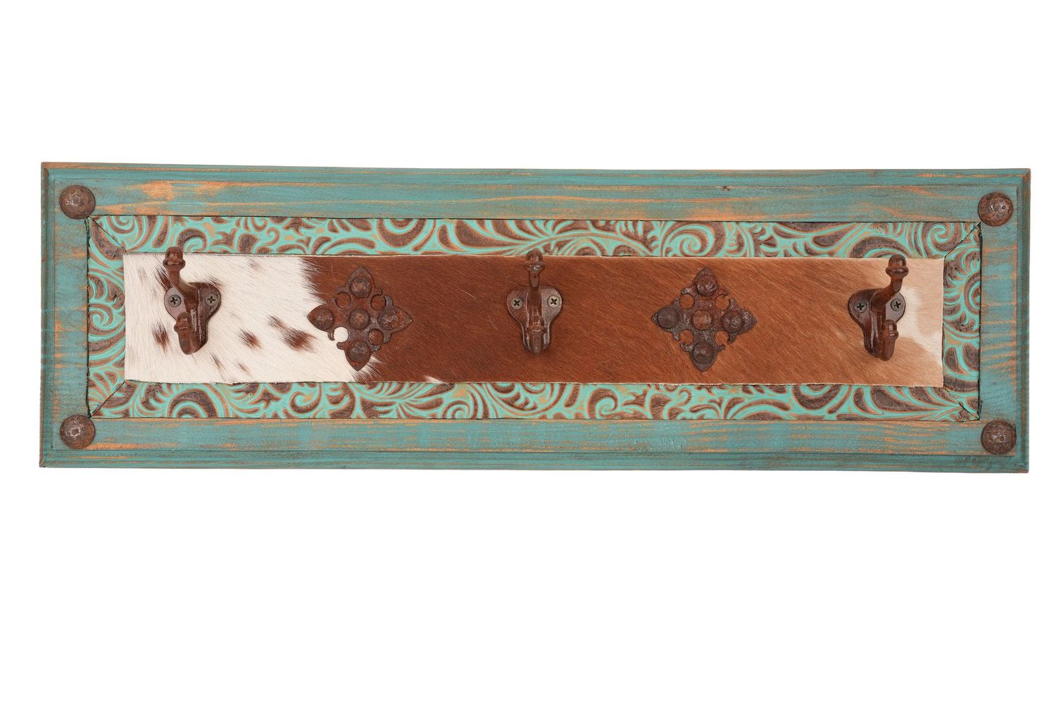 Turquoise Ranch Hat Rack- Rustic -Wood-Western-Cowboy-Coat Rack-Cowhide-Leather-Tooled-26x4x8H inches