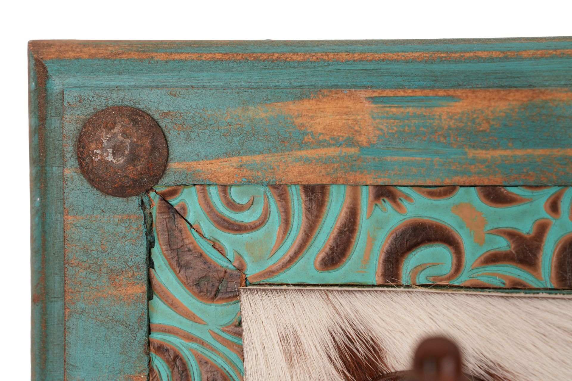 Turquoise Ranch Hat Rack- Rustic -Wood-Western-Cowboy-Coat Rack-Cowhide-Leather-Tooled-26x4x8H inches