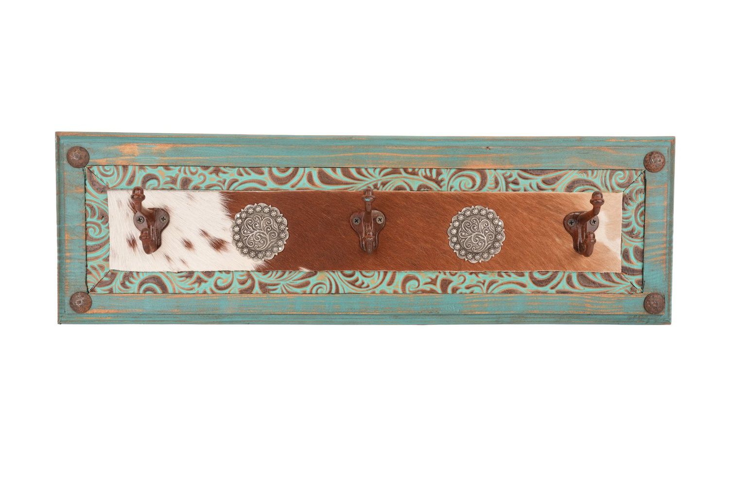 Ranch Cowhide Medallion Hat Rack-26x4x8H inches-Tooled Leather-Coat Rack-WF#106 Ranch Cowhide Medallion Hat Rack-26x4x8H inches-Tooled Leather-Coat Rack-WF#106