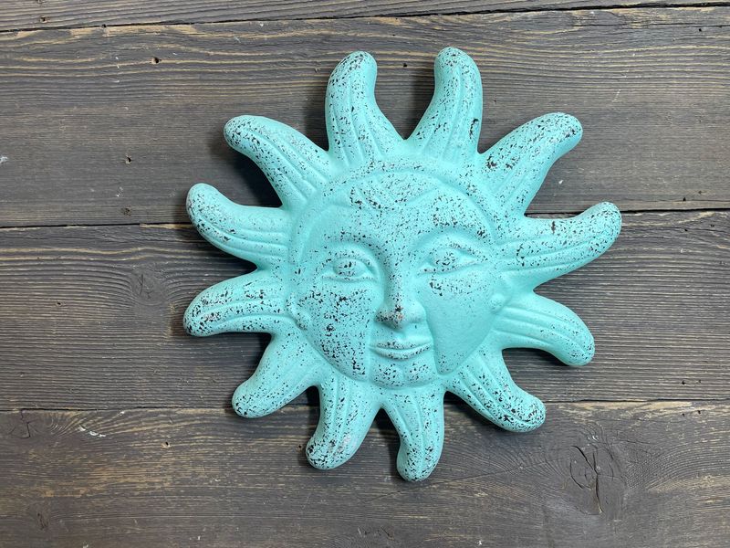 Beachy Clay Sun-12 inch-Farmhouse-Hand Painted-Garden Decor-Mint Mist