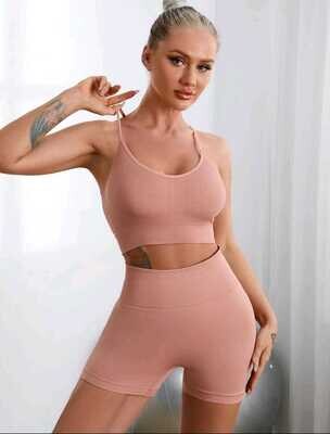 Yoga 2pcs Seamless Backless Ribbed Cami Tummy Control Hip-hugging Shorts