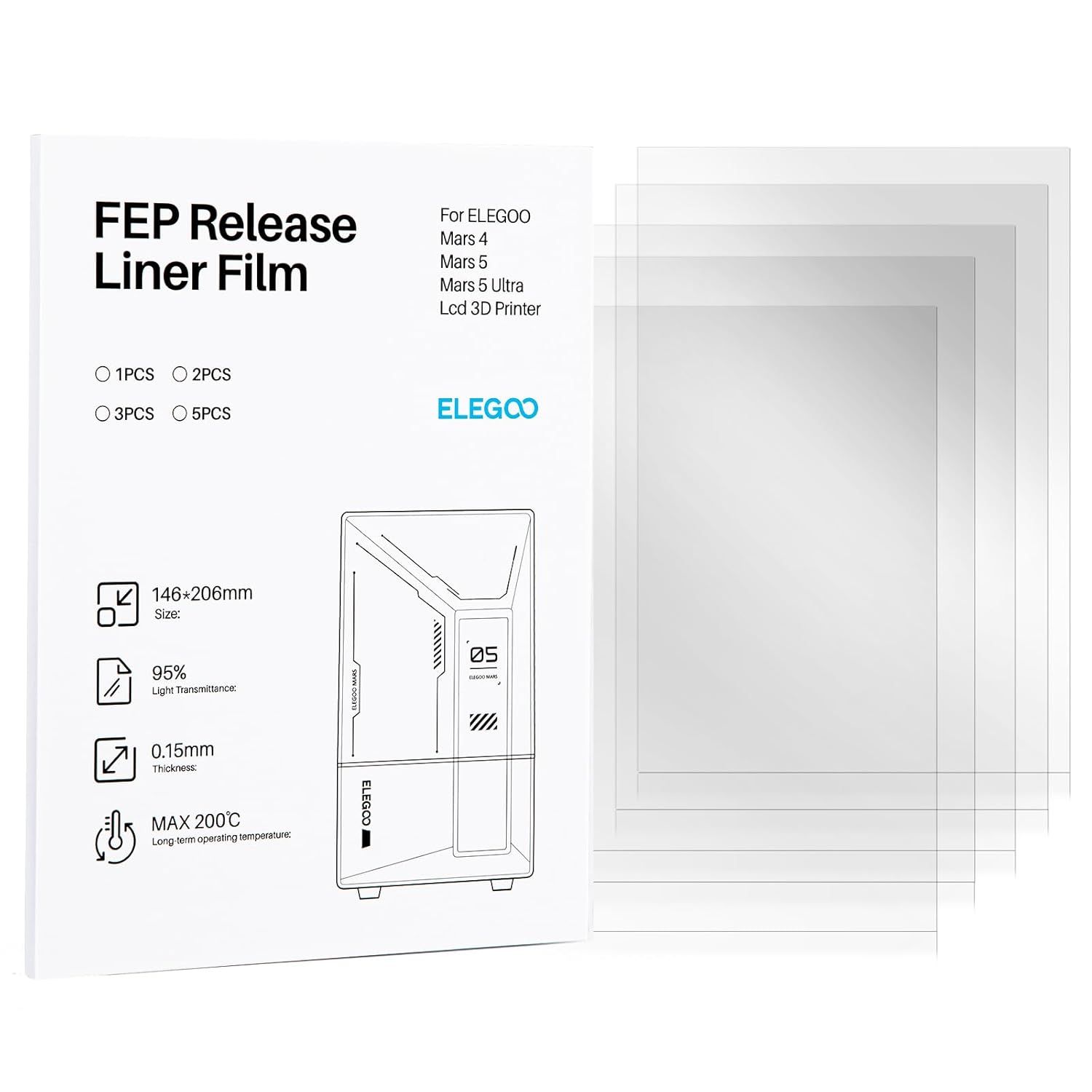 FEP Film for Elegoo Mars 4/5/5 Ultra (5 Pcs)