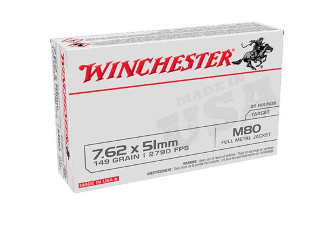 Winchester USA Ammunition 7.62x51mm NATO 149 Grain M80 Full Metal Jacket - 20rd Box