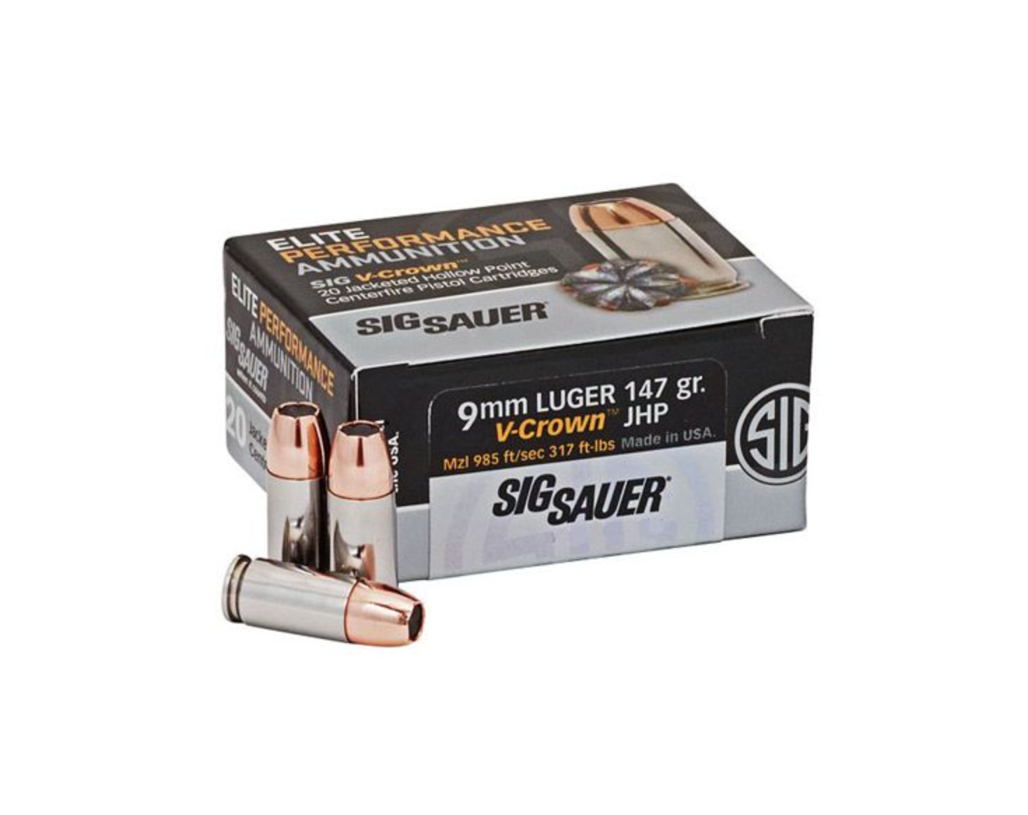 SIG Sauer Elite Performance V-Crown Ammunition 20 Rounds 9mm Luger 147 Grain V-Crown Jacketed Hollow Point Projectile 985fps