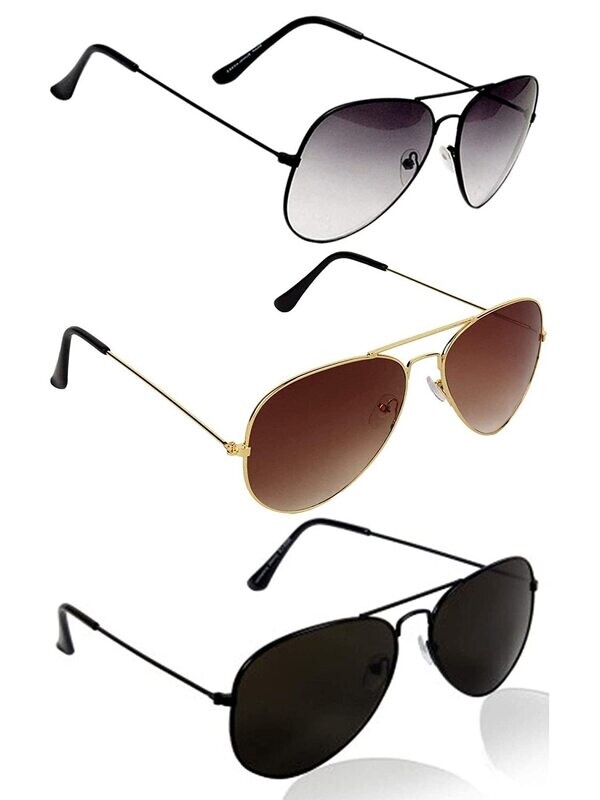 CLUB SPUNKY Combo offer Pack of 3 (Black, Grey, Brown) UV Protected Stylish Aviator Sunglasses
