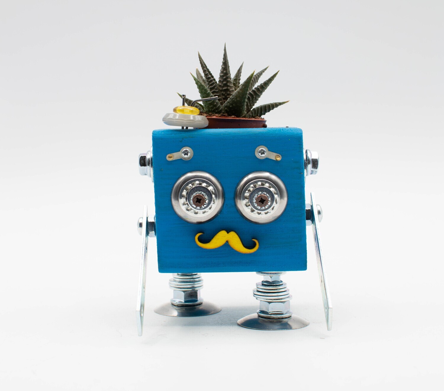 Vaso a forma di robot blu. Porta pianta in legno fatto a mano