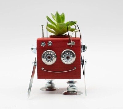 Vaso a forma di robot rosso. Porta pianta in legno fatto a mano