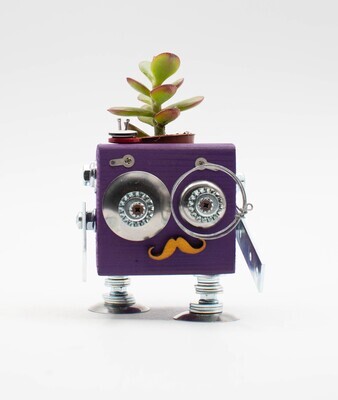 Vaso a forma di robot viola. Porta pianta in legno fatto a mano