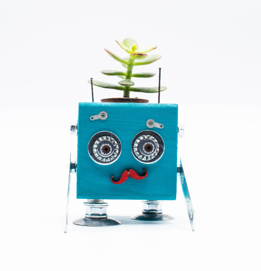 Vaso a forma di robot blu. Porta pianta in legno fatto a mano